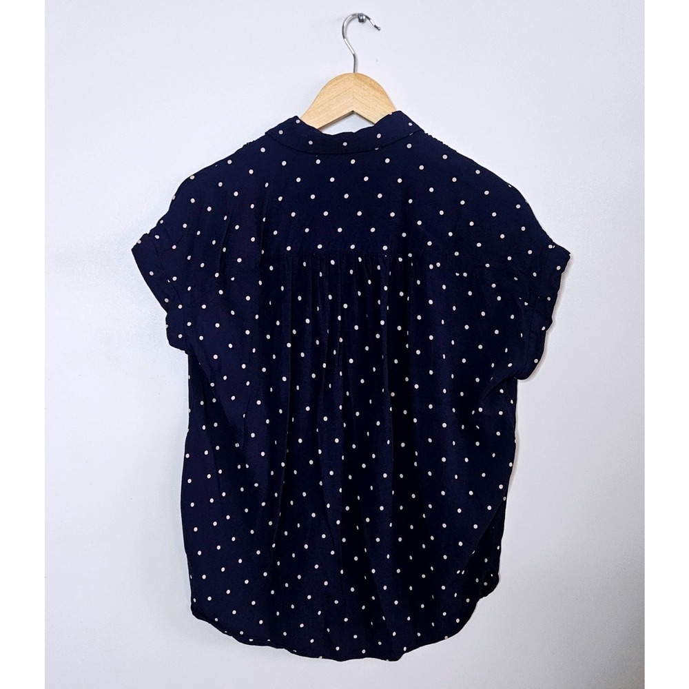 Madewell Navy Blue Polka Dot Split Neck Blouse Top Women S Texture Crepe Retro - Picture 3 of 5